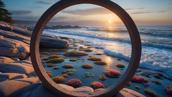 Coastal Sunset Framed by a Stone Circle Overlooking Tide Pools photo