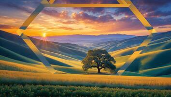 Lone Tree in Rolling Hills at Sunrise with Geometric Overlay photo