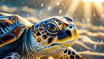 Sea Turtle Swimming Close Up with Bubbles and Sun Light photo