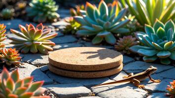 Cork Coasters and Lizard in an Outdoor Succulent Garden Setting photo