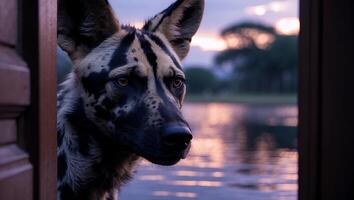 Painted Dog Looking Over Lake at Dusk Observing Nature photo