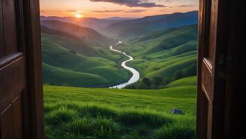 Open Door Framing Green Landscape with Winding River at Sunset photo