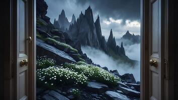 Open Door View of Mountain Peaks and Foggy Landscape Scenery photo