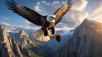 Eagle Flying Over Mountains Carrying a Pine Cone in Its Talons photo