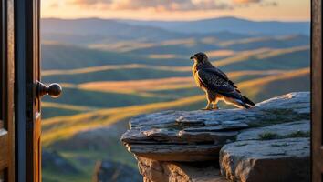 Hawk Standing on Rock Ledge Near Open Door with Mountain View photo