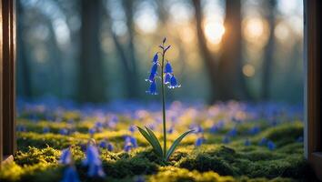 Blooming Bluebell Flower in Forest Sunlight Glistening on Moss photo