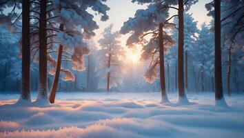 Snowy Winter Forest Scene with Sunlight Streaming Through the Trees photo