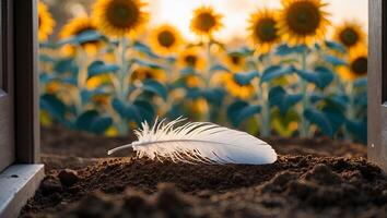 Feather Resting on Soil with Sunflower Field in Background View photo