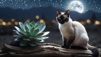 Siamese Cat Sitting Near Succulent at Night Under Full Moon photo