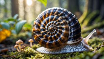 Snail Crawling on Moss in Forest with Sunlight Streaming Through Trees photo