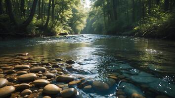 River Flowing Through Forest with Pebbles and Clear Water Reflection photo