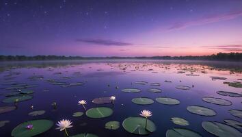 Water Lilies Blooming on Lake at Dusk Under Starry Sky photo