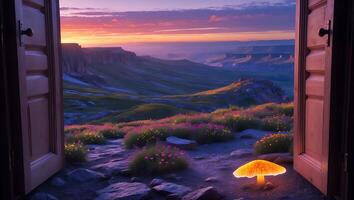 Viewing Mountain Landscape Through Open Doorway with Glowing Mushroom photo