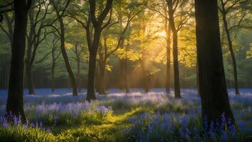 Sunlight Streaming Through Forest with Blue Flowers on the Ground photo