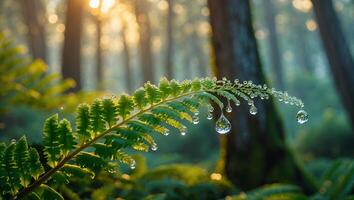 Fern Frond with Water Droplets in Forest with Sunlight Streaming Through photo