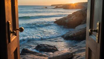 Open Door Framing Coastal View with Ocean Waves and Sunset photo