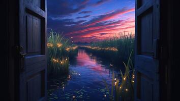 Open Door Reveals Serene River Landscape with Twilight Sky Reflection photo