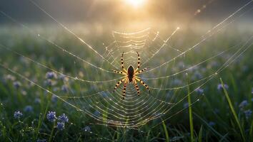 Spider in Web at Sunrise in Meadow with Dew and Flowers photo