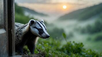 Badger Emerging From Doorway Overlooking Misty Valley at Sunrise photo