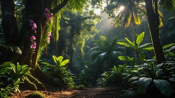 Walking Through Lush Tropical Jungle with Sunlight Filtering Through Canopy photo