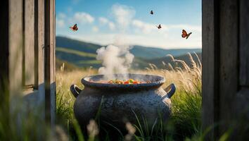 Cooking in Nature Open Door to Mountain View with Butterflies photo