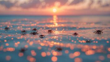 Crabs Wading Through Ocean at Sunset with Warm Light Reflections photo
