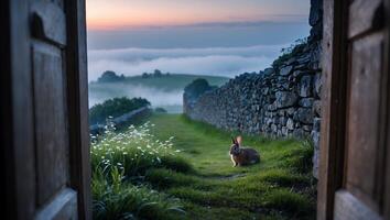 Rabbit Resting on Grassy Path Beside Stone Wall at Dawn photo