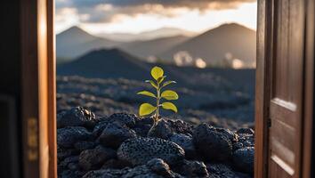 New Sprout Growing in Rocky Landscape Seen Through Open Doorway photo