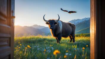 Yak Standing in Meadow at Sunrise with Eagle Flying Overhead photo