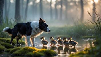Dog Watching Ducklings Walking Through Water in Misty Woods photo