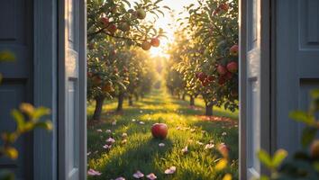 Viewing Apple Orchard Through Open Door with Single Apple on Ground photo