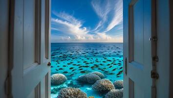 Ocean View Through Open Door with Fish and Coral Reefs photo