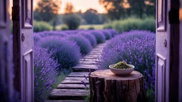 Bowl of Green Olives in Lavender Field Seen Through Open Doors photo