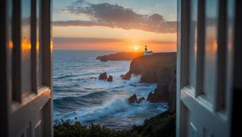 Lighthouse View From Open Door at Sunset with Crashing Waves photo