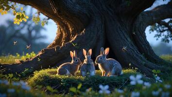 Three Rabbits Sitting in Grass by Tree Roots at Dusk photo
