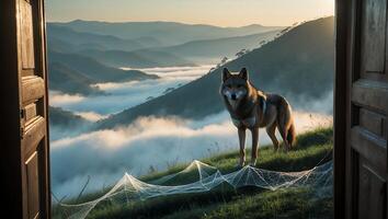 Wolf Standing Near Open Door on Mountain Overlooking Foggy Valley photo