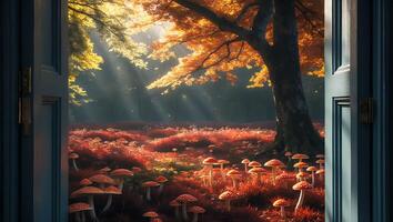 Open Door View Into Dreamlike Forest with Mushrooms and Sunlight photo