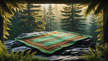 Green and Brown Rug on Rocks Overlooking Forest Landscape View photo