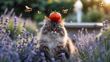 Cat Balancing Tomato with Bees Buzzing in a Lavender Field photo