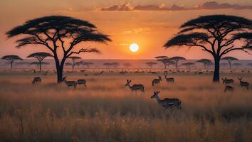 Antelope Grazing in Savannah Grassland at Sunset with Silhouetted Trees photo
