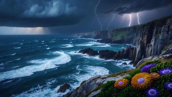 Dramatic Coastline Landscape with Stormy Weather and Lightning Strikes photo