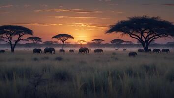 Elephants Grazing in Savannah at Sunset Silhouette of Trees and Grass photo