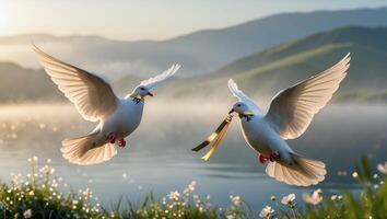 Two Doves Flying Over Misty Lake Landscape Carrying Golden Ribbons photo