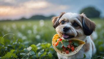 Dog Holding Taco in Field During Sunset Natural Pet Image photo