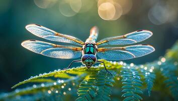 Dragonfly Resting on Fern Leaf with Morning Dew Close Up photo