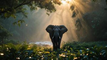 Elephant Walking Through the Jungle with Sun Rays Breaking Through Trees photo