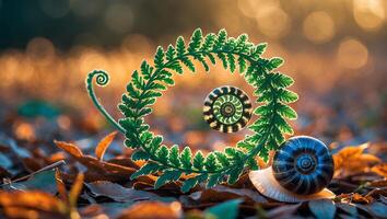 Snail Crawling Near Fern with Unique Spiral Pattern on Leaves photo