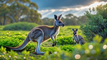 Kangaroos Grazing in Grassy Field with Sunlight Breaking Through Clouds photo
