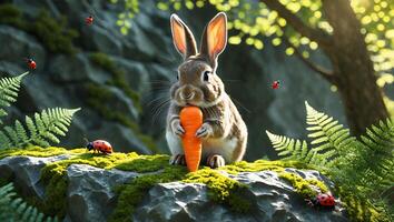 Bunny Holding Carrot on Mossy Rock with Ladybugs in Forest photo