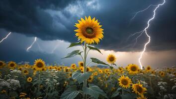 Sunflower Field Under Dramatic Sky with Lightning Strike at Dusk photo
